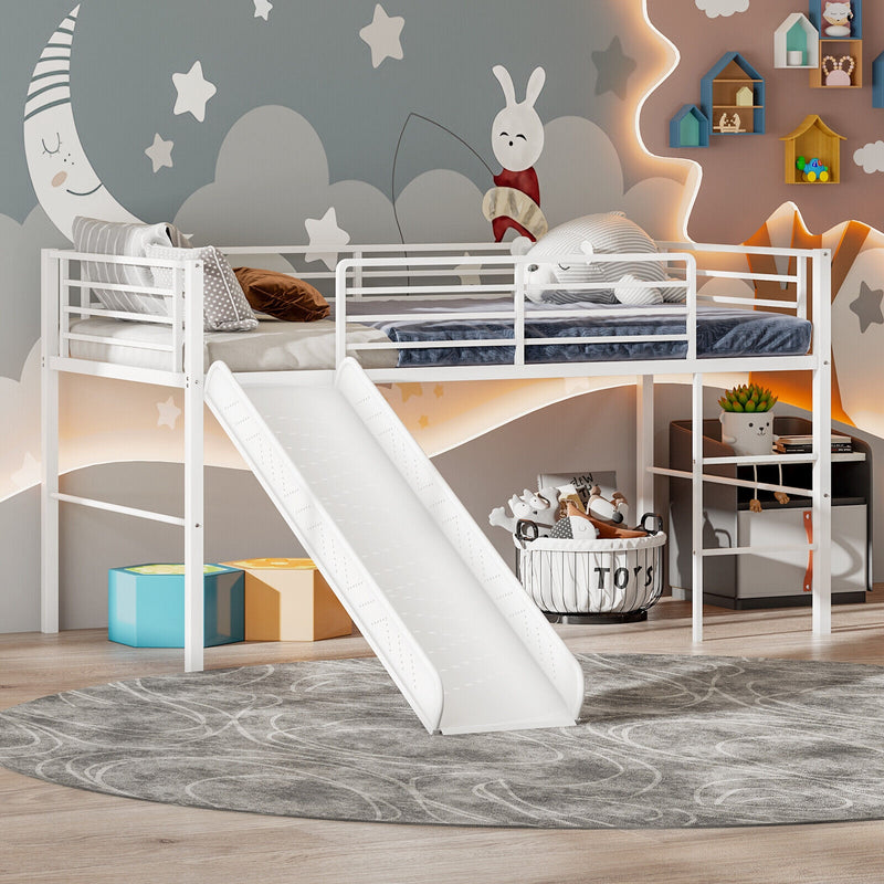 Twin Metal Loft Bed with Slide with Safety Guardrails and Built-in Ladder-White