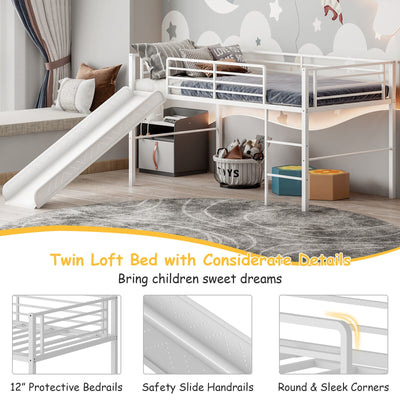 Twin Metal Loft Bed with Slide with Safety Guardrails and Built-in Ladder-White