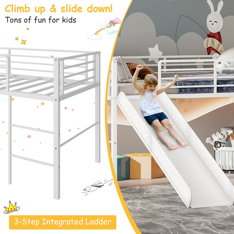 Twin Metal Loft Bed with Slide with Safety Guardrails and Built-in Ladder-White