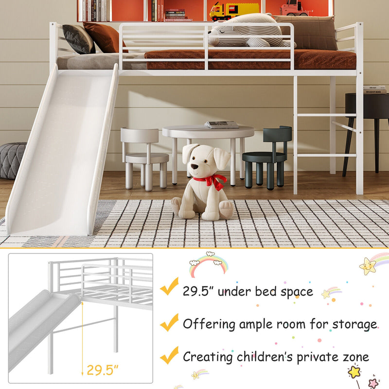 Twin Metal Loft Bed with Slide with Safety Guardrails and Built-in Ladder-White