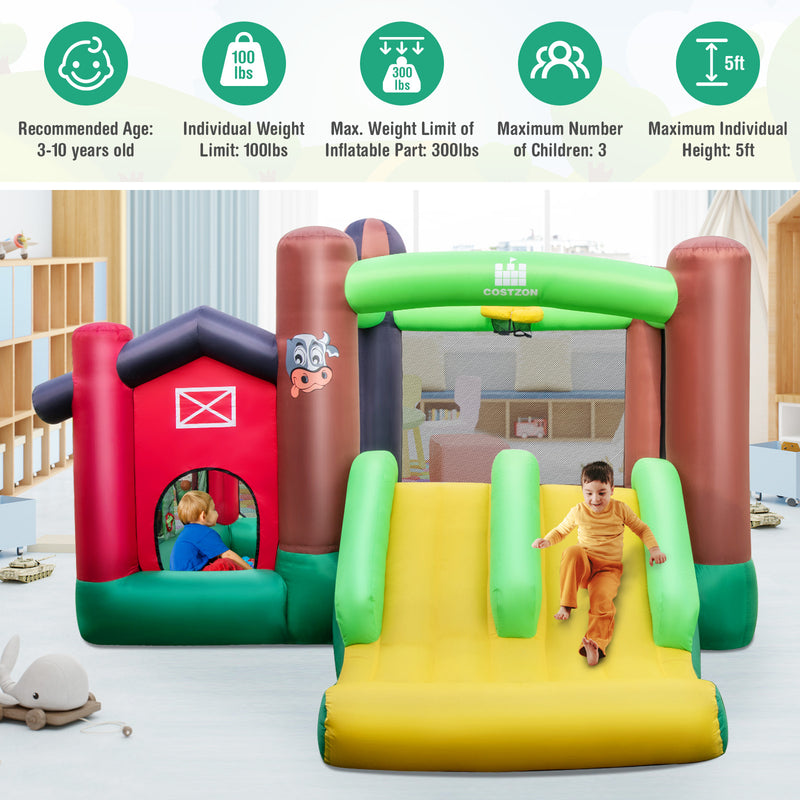 Farm Themed 6-in-1 Inflatable Castle with Trampoline and 735W Blower