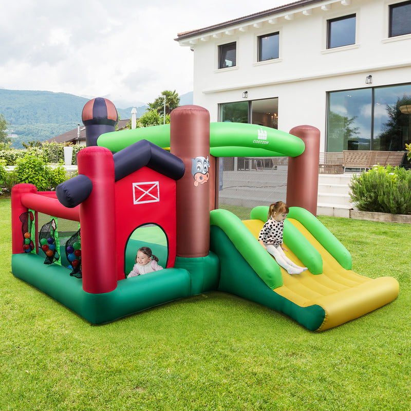 Farm Themed 6-in-1 Inflatable Castle with Trampoline and 735W Blower