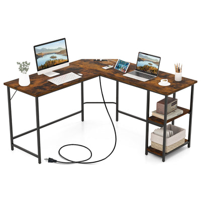 L Shaped Computer Desk with 2 Outlets and 2 USB Ports-Brown