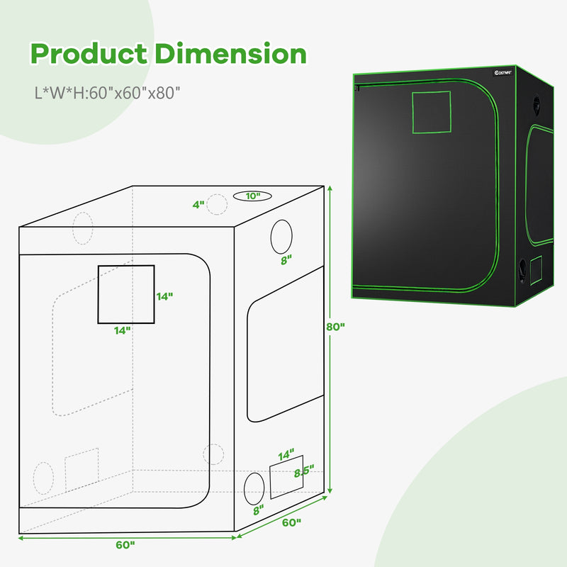 60 x 60 x 80 Inch Grow Tent High Reflective Mylar with Observation Window-Black