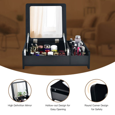 Compact Bay Window Makeup Dressing Table with Flip-Top Mirror-Black