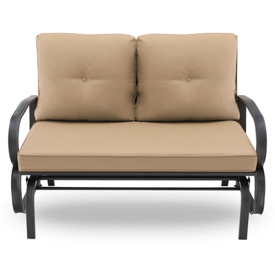 Patio 2-Person Glider Bench Rocking Loveseat Cushioned Armrest-Beige