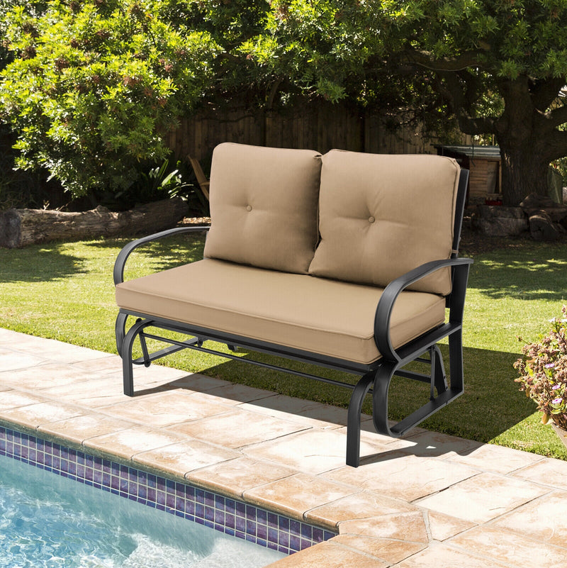 Patio 2-Person Glider Bench Rocking Loveseat Cushioned Armrest-Beige