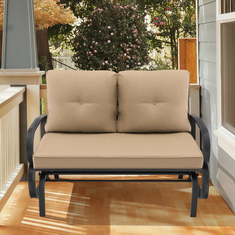 Patio 2-Person Glider Bench Rocking Loveseat Cushioned Armrest-Beige