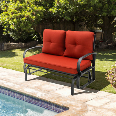 Patio 2-Person Glider Bench Rocking Loveseat Cushioned Armrest-Brick Red