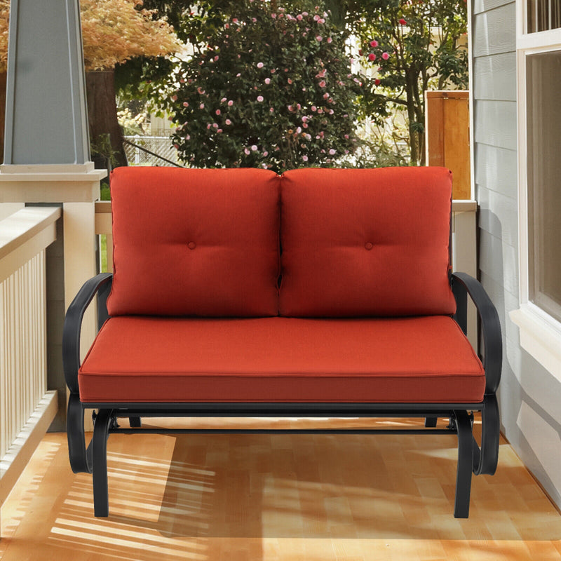 Patio 2-Person Glider Bench Rocking Loveseat Cushioned Armrest-Brick Red