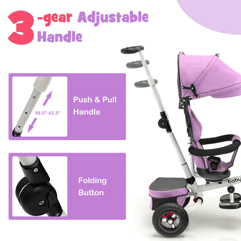 Folding Tricycle Baby Stroller with Reversible Seat and Adjustable Canopy-Pink