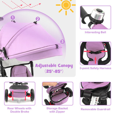 Folding Tricycle Baby Stroller with Reversible Seat and Adjustable Canopy-Pink