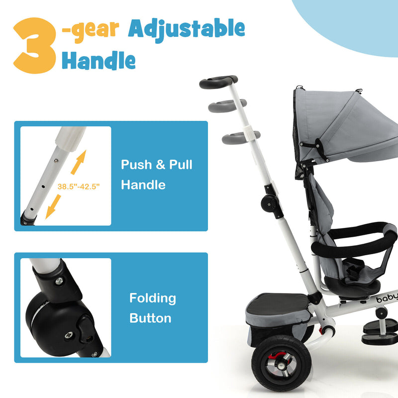 Folding Tricycle Baby Stroller with Reversible Seat and Adjustable Canopy-Gray