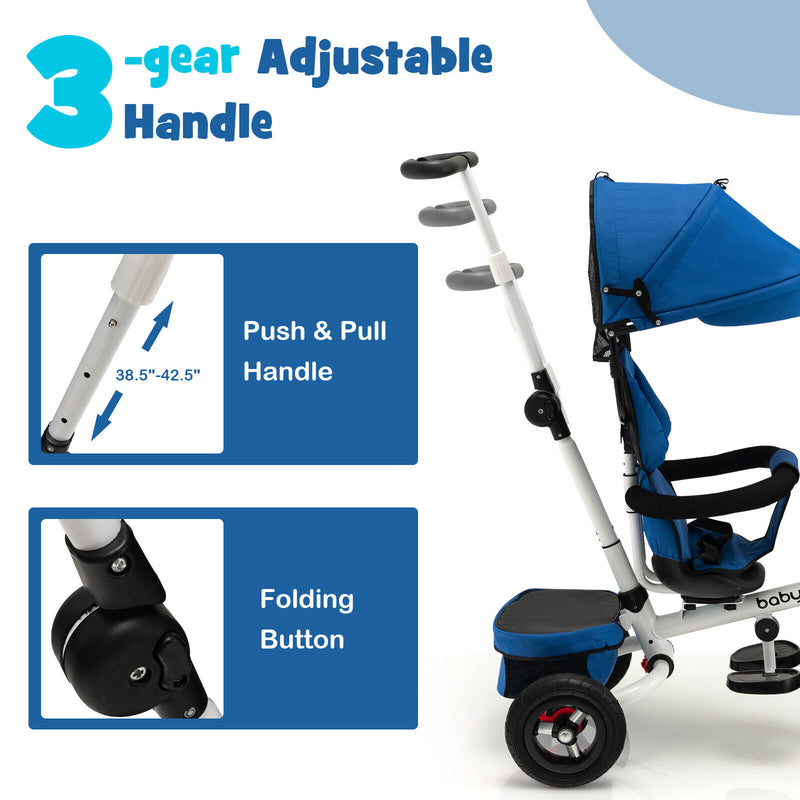 Folding Tricycle Baby Stroller with Reversible Seat and Adjustable Canopy-Blue