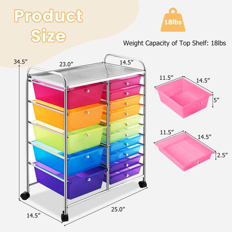 15 Drawers Rolling Storage Cart Organizer-Transparent Multicolor