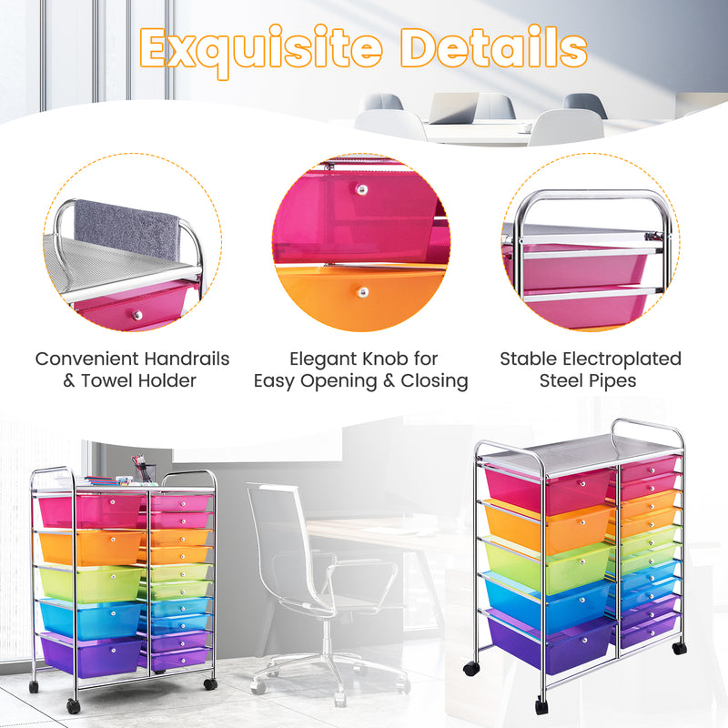 15 Drawers Rolling Storage Cart Organizer-Transparent Multicolor