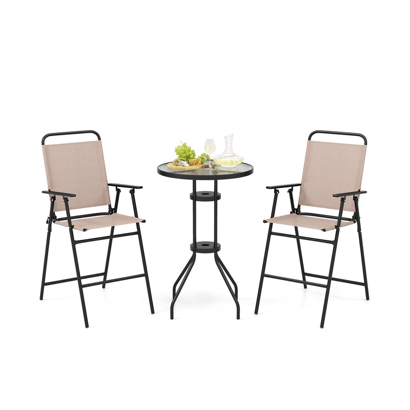 3 Pieces Outdoor Bistro Set with 2 Folding Chairs-Beige