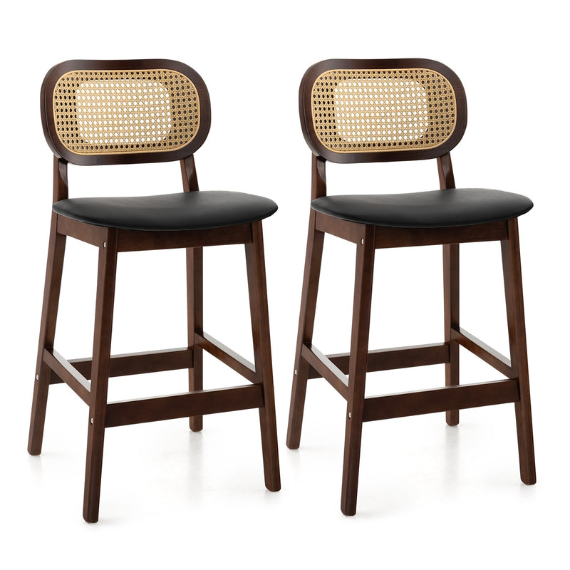 Wood Bar Stool Set of 2 with PE Rattan Backrest and Padded Seat-Brown