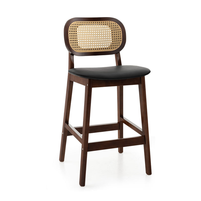 Wood Bar Stool Set of 2 with PE Rattan Backrest and Padded Seat-Brown