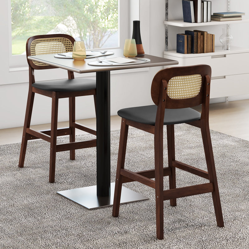 Wood Bar Stool Set of 2 with PE Rattan Backrest and Padded Seat-Brown