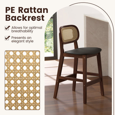 Wood Bar Stool Set of 2 with PE Rattan Backrest and Padded Seat-Brown