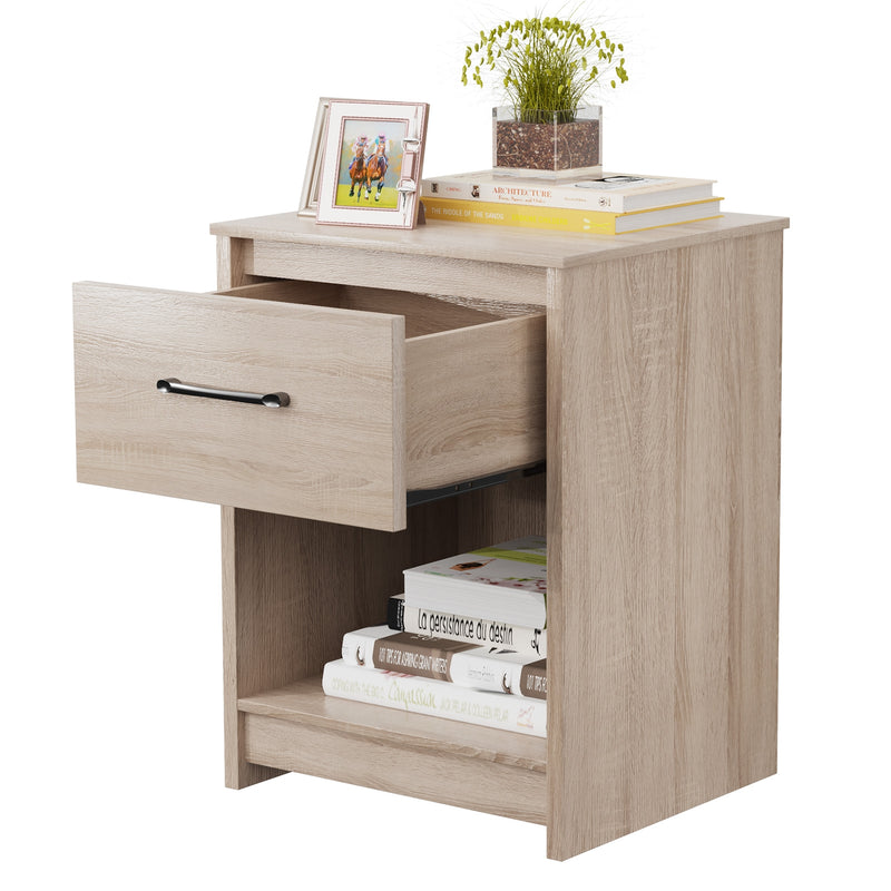 Wooden End Side Table Nightstand with Drawer Storage Shelf-Natural