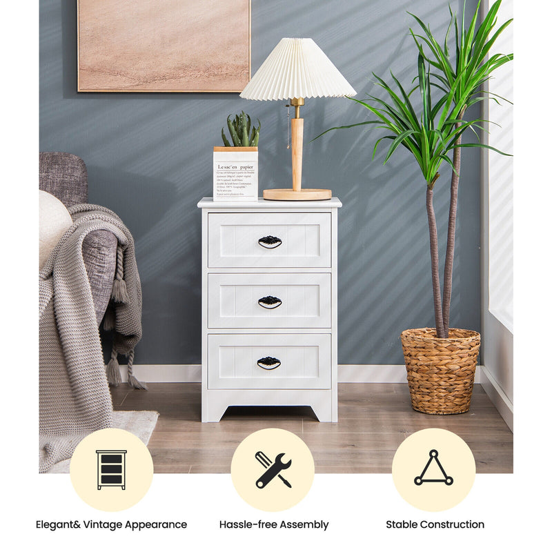 3-Drawer End Storage Wood Side Nightstand-White