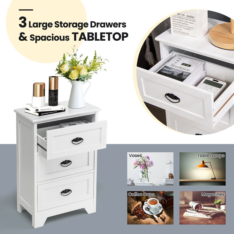 3-Drawer End Storage Wood Side Nightstand-White