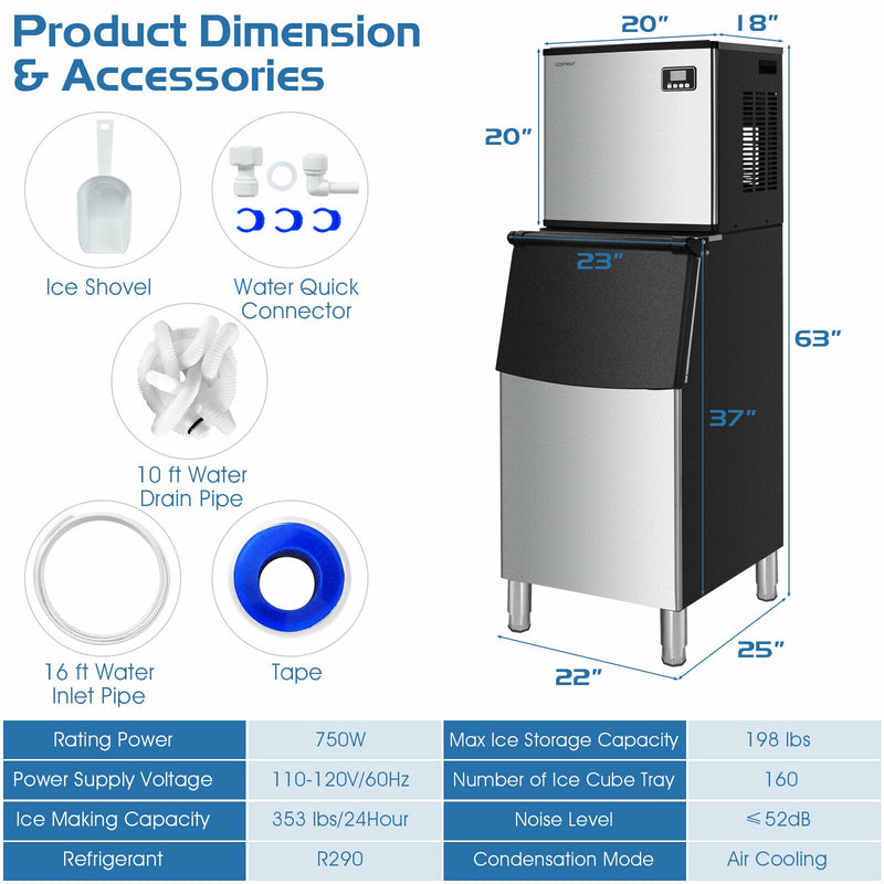 353LBS/24H Split Commercial Ice Maker with 198 LBS Storage Bin