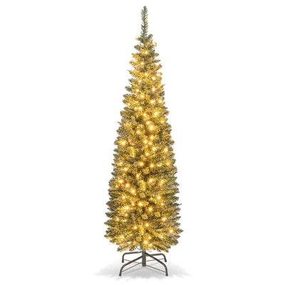 5/6/7/8/9 Feet Pre-lit Pencil Artificial Christmas Tree with 150/180/200//300/400 Warm White LED Lights-5 ft