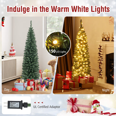 5/6/7/8/9 Feet Pre-lit Pencil Artificial Christmas Tree with 150/180/200//300/400 Warm White LED Lights-5 ft