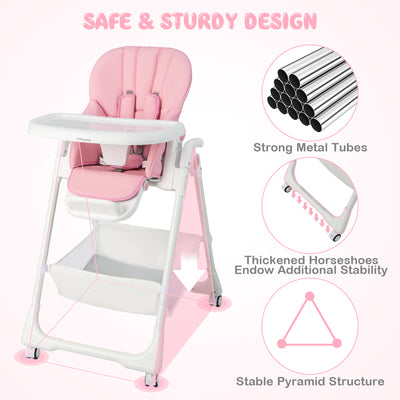 Convertible Infant Dining Chair with 5 Backrest and 3 Footrest Positions-Pink