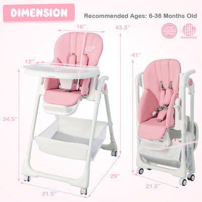 Convertible Infant Dining Chair with 5 Backrest and 3 Footrest Positions-Pink