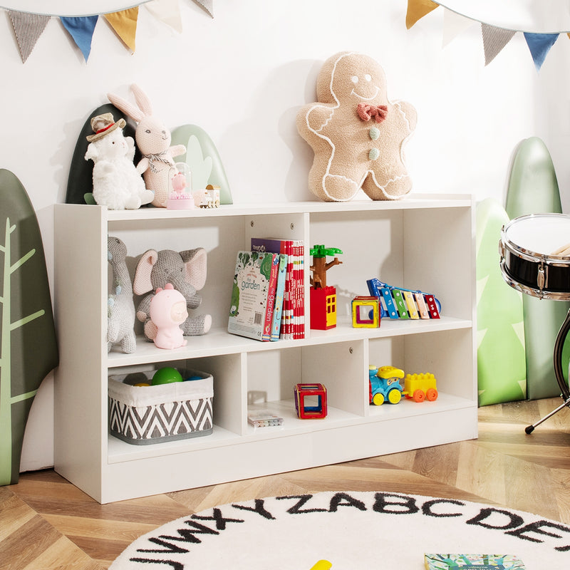 Kids 2-Shelf Bookcase 5-Cube Wood Toy Storage Cabinet Organizer-White