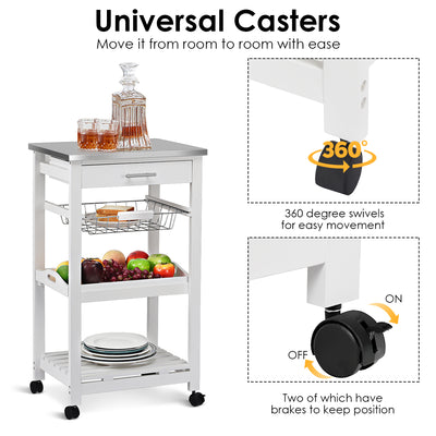 Kitchen Island Cart with Stainless Steel Tabletop and Basket-White