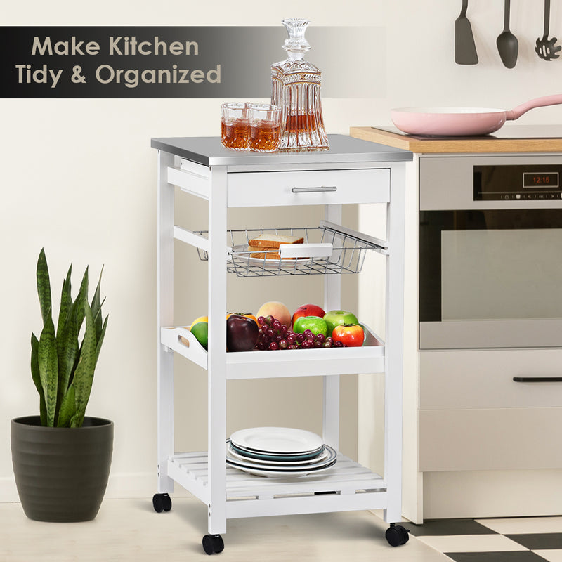 Kitchen Island Cart with Stainless Steel Tabletop and Basket-White