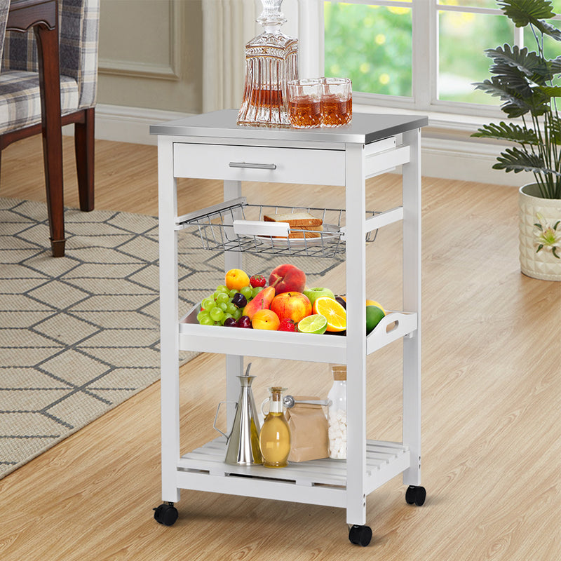 Kitchen Island Cart with Stainless Steel Tabletop and Basket-White