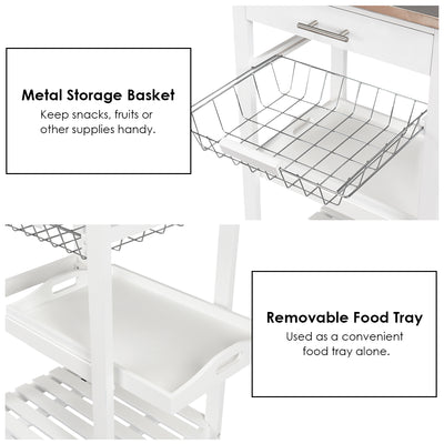 Kitchen Island Cart with Stainless Steel Tabletop and Basket-White