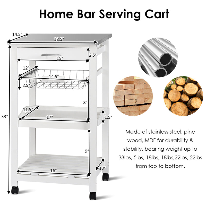 Kitchen Island Cart with Stainless Steel Tabletop and Basket-White