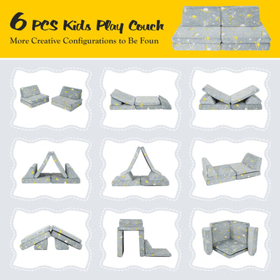 6 PCS Kids Play Couch with 4 Base Cushions and 2 Backrest Cushions-Gray