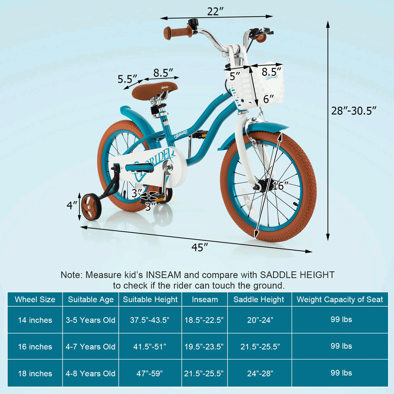 16 Inch Kids Bike with Front Handbrake and 2 Training Wheels-Turquoise