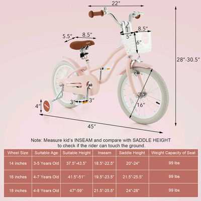 16 Inch Kids Bike with Front Handbrake and 2 Training Wheels-Pink