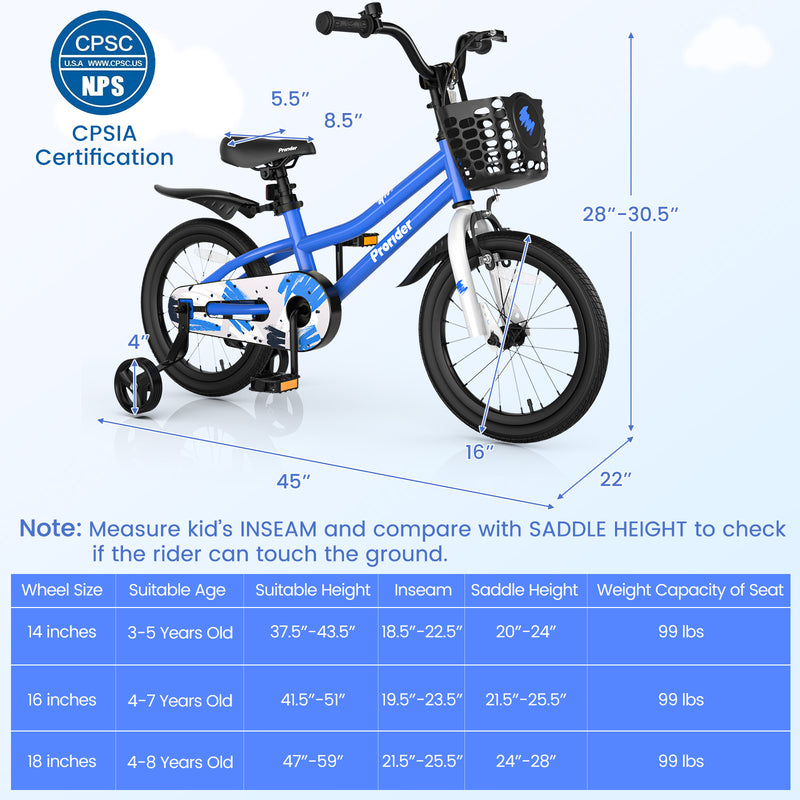 16 Inch Kids Bike with Removable Training Wheels-Blue