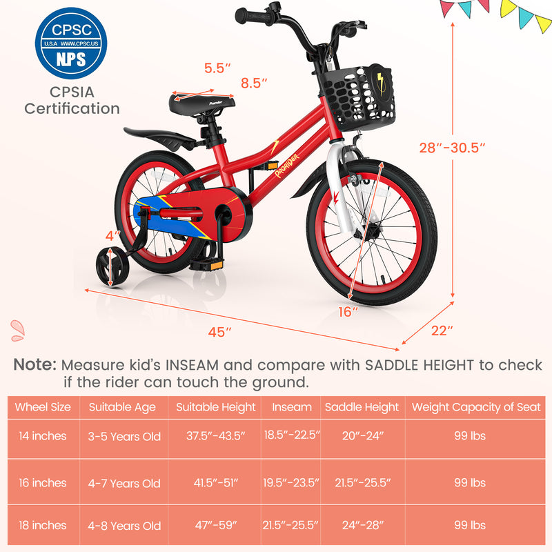 16 Inch Kids Bike with Removable Training Wheels-Red