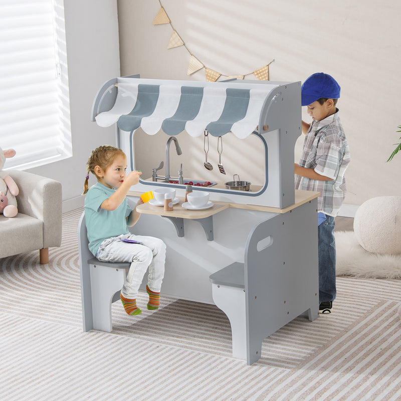 Double Sided Kids Pretend Kitchen Playset with 2-Seat Cafe-Gray