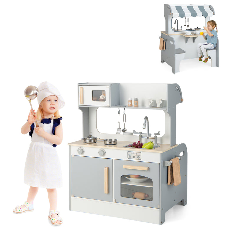 Double Sided Kids Pretend Kitchen Playset with 2-Seat Cafe-Gray