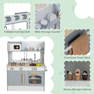 Double Sided Kids Pretend Kitchen Playset with 2-Seat Cafe-Gray