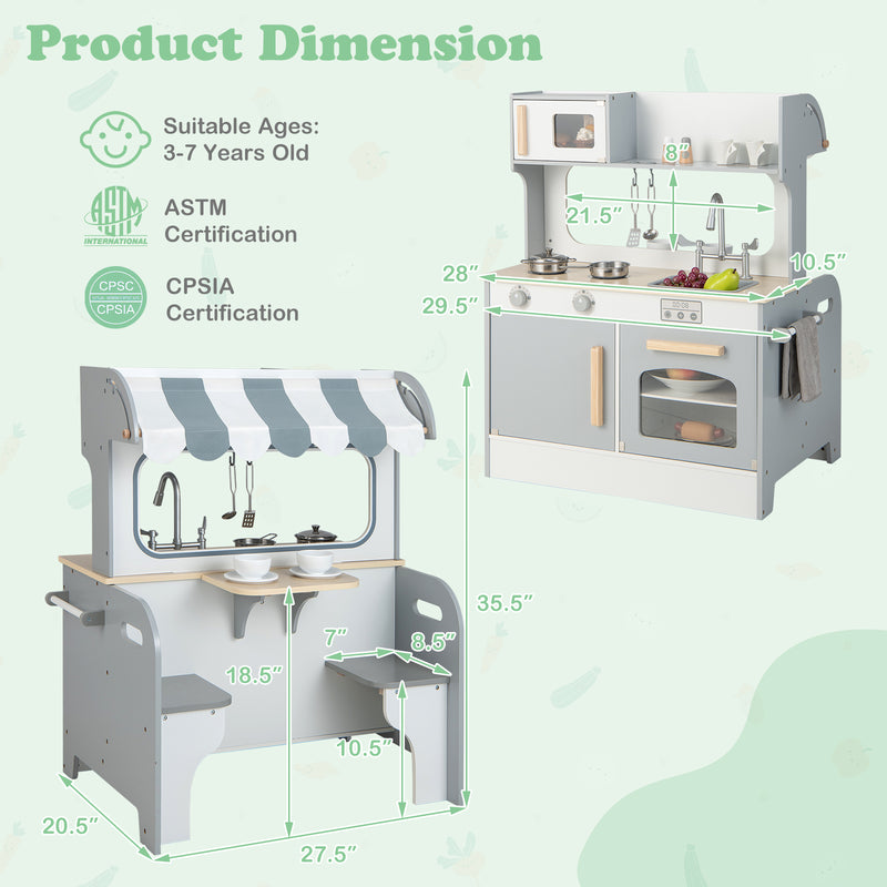 Double Sided Kids Pretend Kitchen Playset with 2-Seat Cafe-Gray