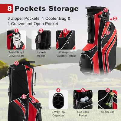 Golf Stand Cart Bag with 6 Way Divider Carry Pockets-Red