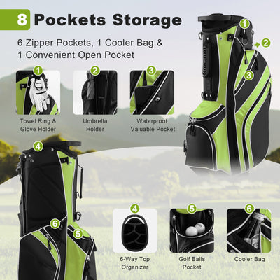 Golf Stand Cart Bag with 6 Way Divider Carry Pockets-Green